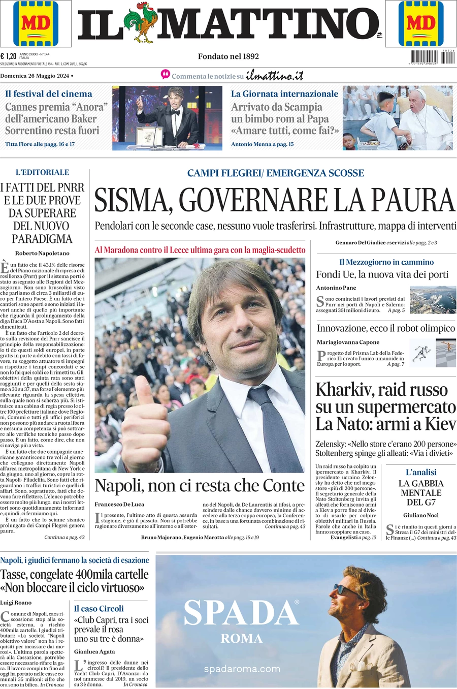 anteprima della prima pagina di il-mattino del 26/05/2024