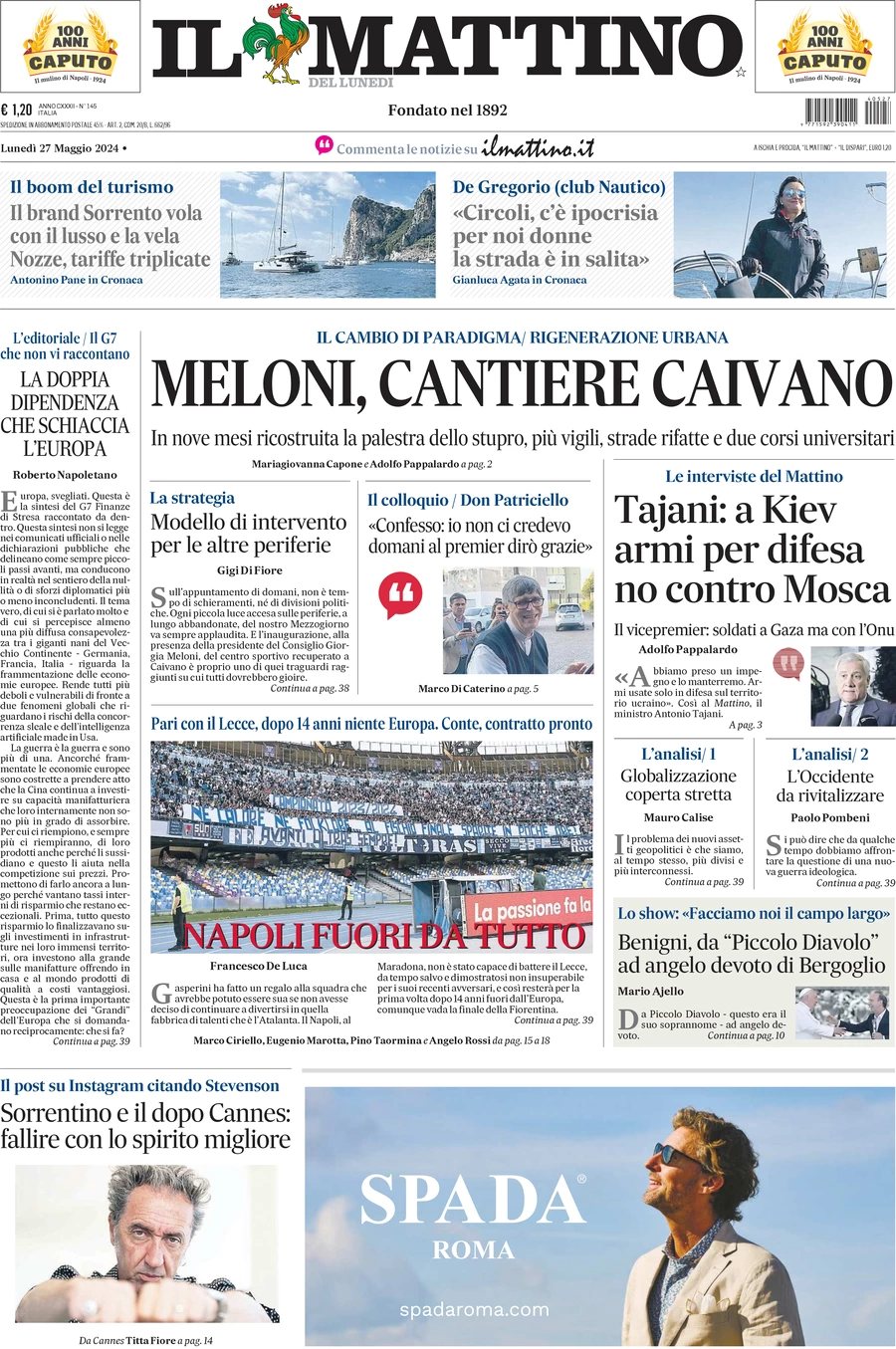 anteprima della prima pagina di il-mattino del 27/05/2024