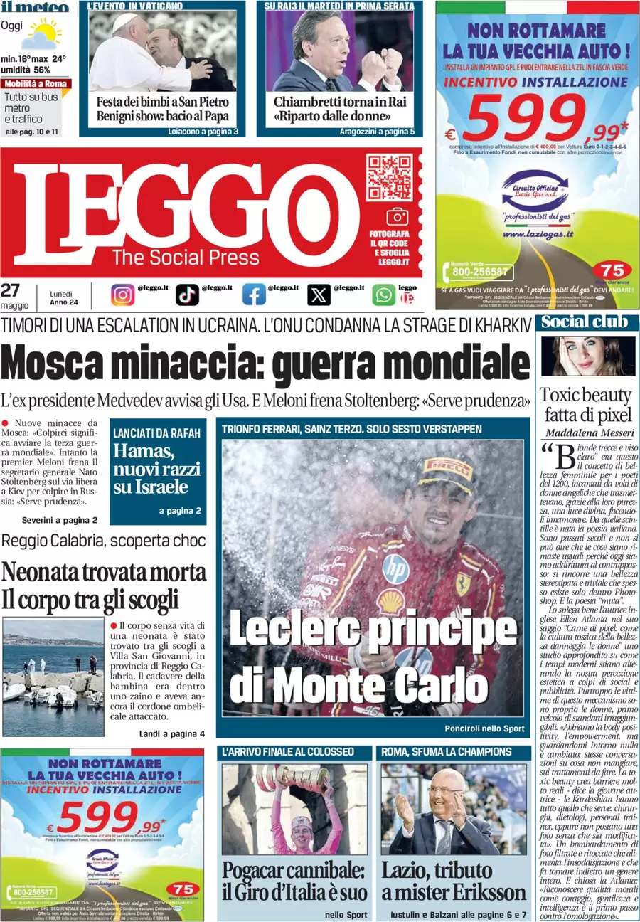 anteprima della prima pagina di leggo-roma del 27/05/2024