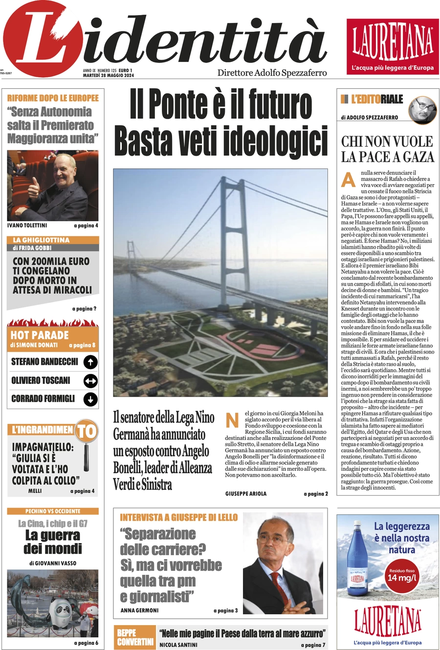 anteprima della prima pagina di lidentit del 28/05/2024