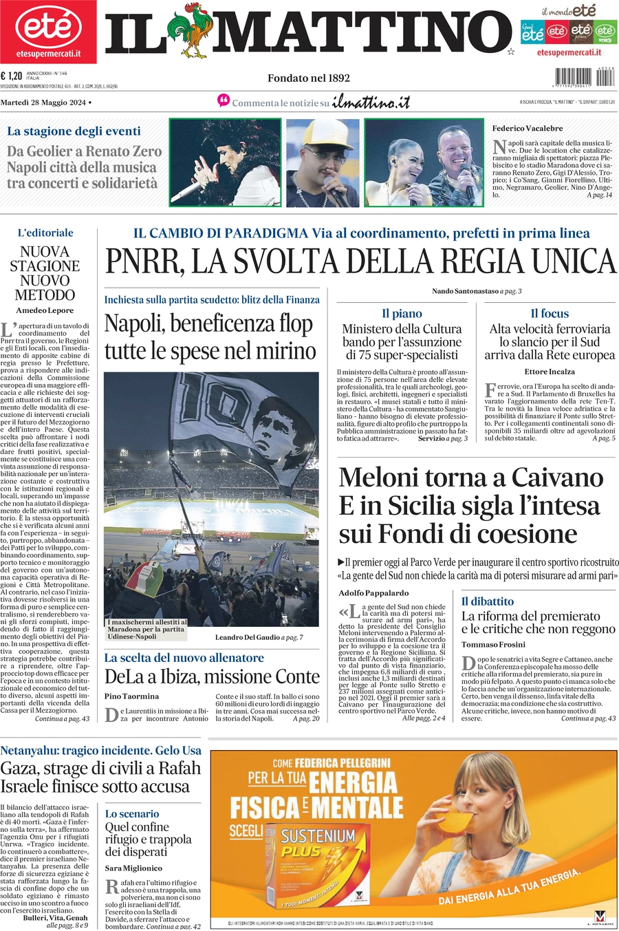 anteprima della prima pagina di il-mattino del 28/05/2024