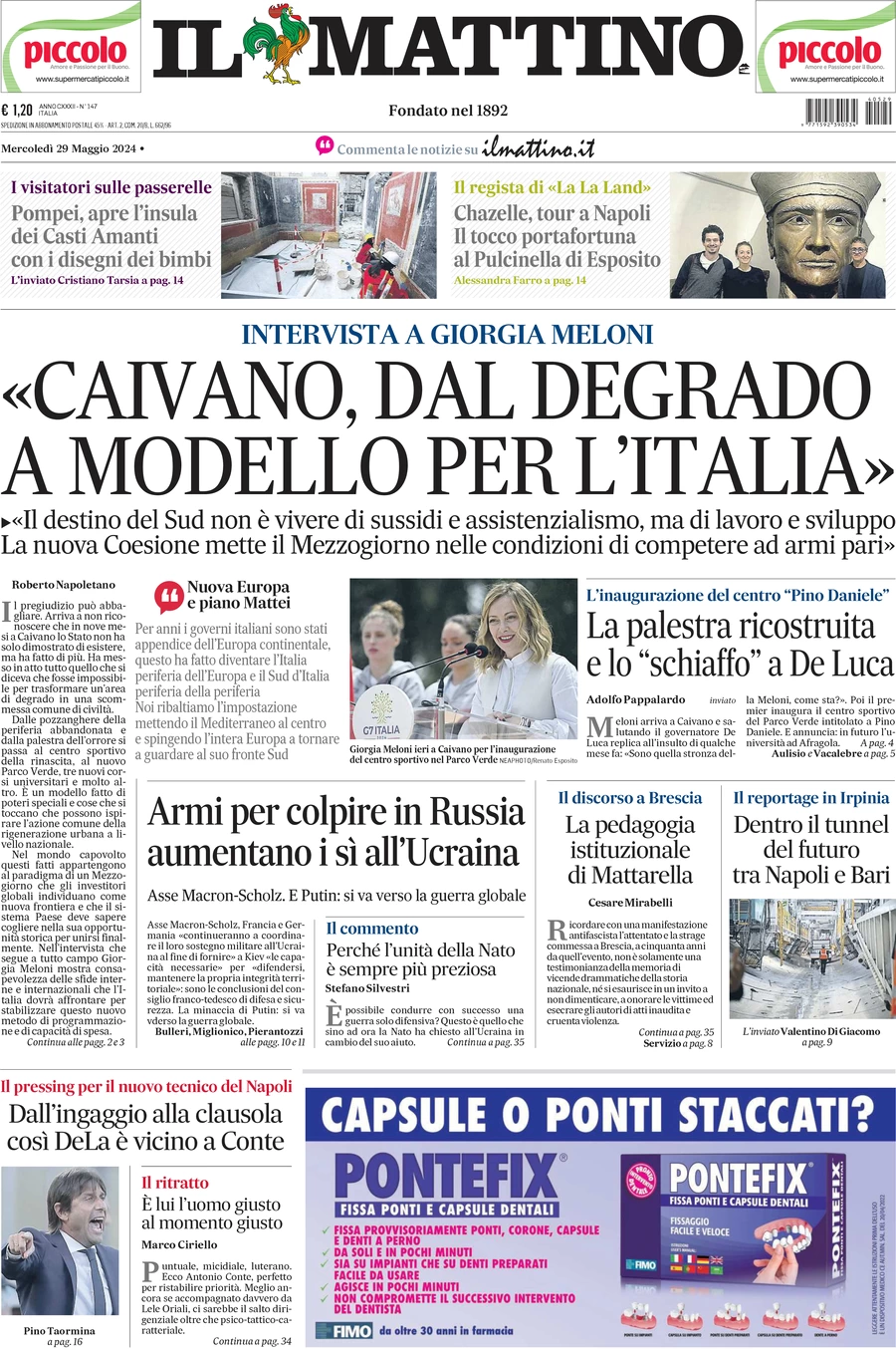 anteprima della prima pagina di il-mattino del 29/05/2024