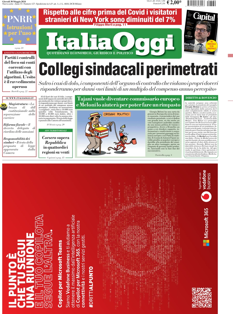 anteprima della prima pagina di italiaoggi del 30/05/2024
