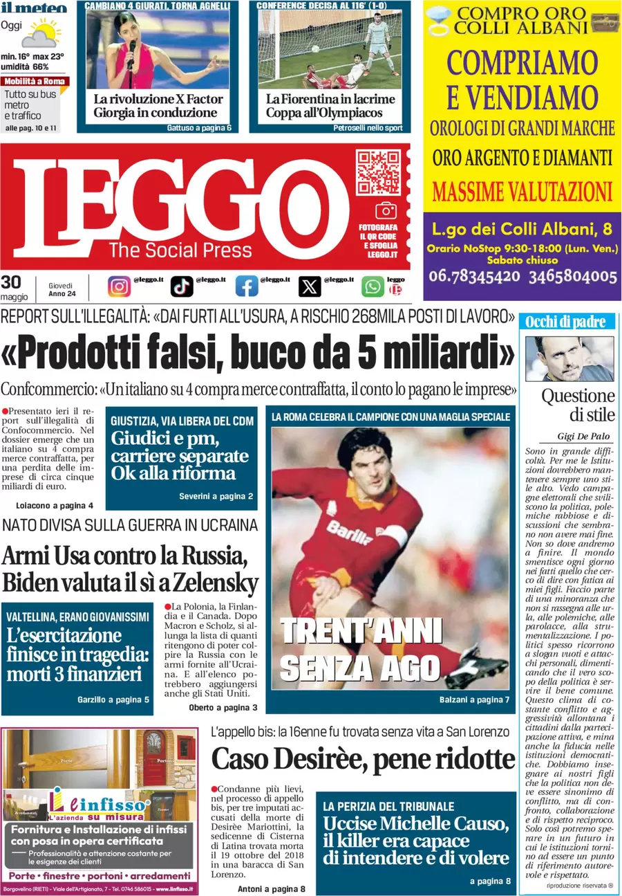 anteprima della prima pagina di leggo-roma del 30/05/2024