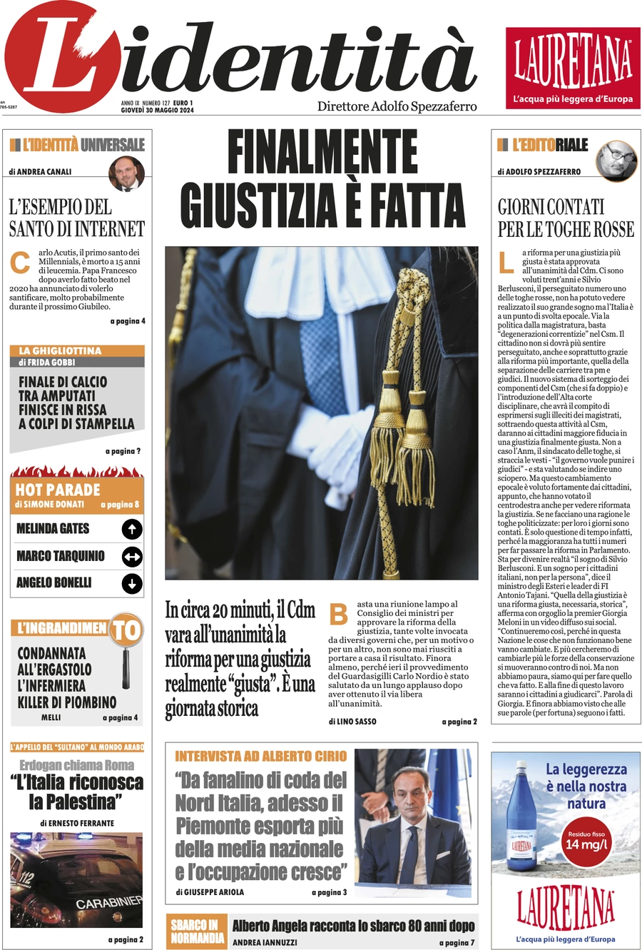 anteprima della prima pagina di lidentit del 30/05/2024
