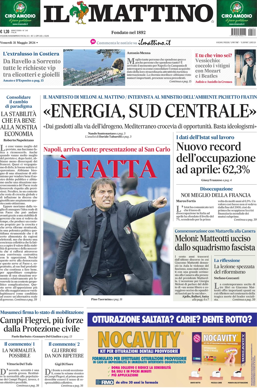 anteprima della prima pagina di il-mattino del 31/05/2024