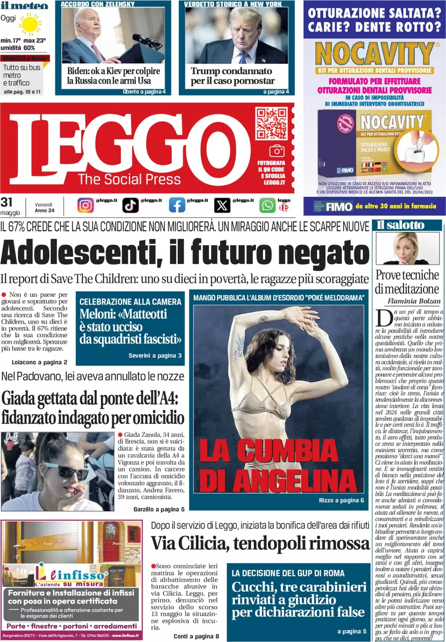 anteprima della prima pagina di leggo-roma del 31/05/2024