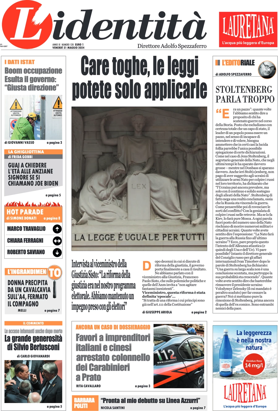 anteprima della prima pagina di lidentit del 31/05/2024