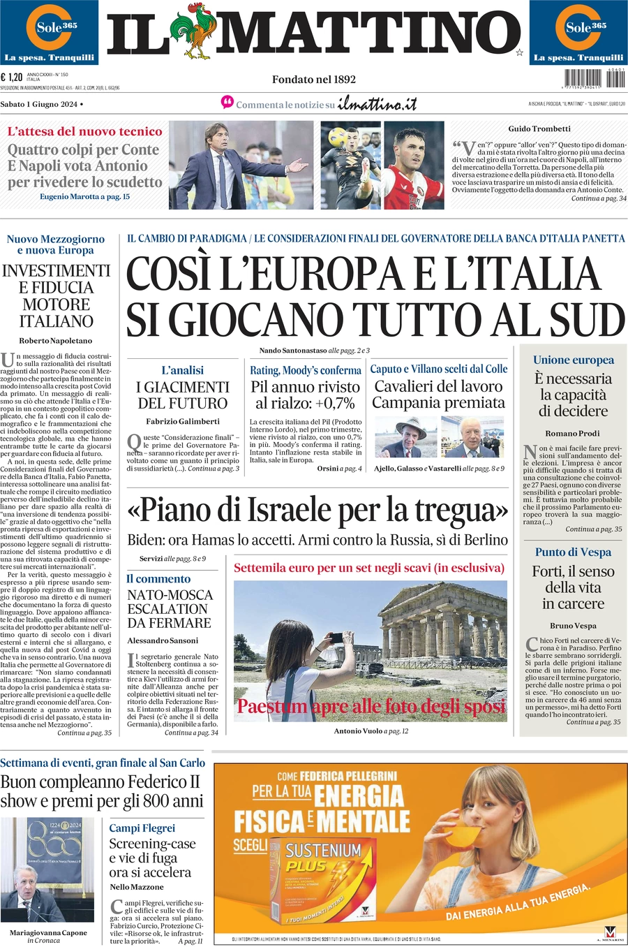 anteprima della prima pagina di il-mattino del 01/06/2024