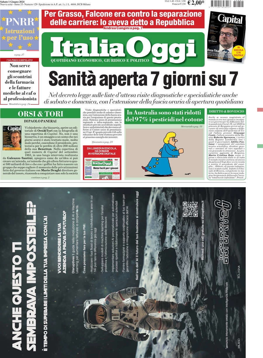 anteprima della prima pagina di italiaoggi del 01/06/2024