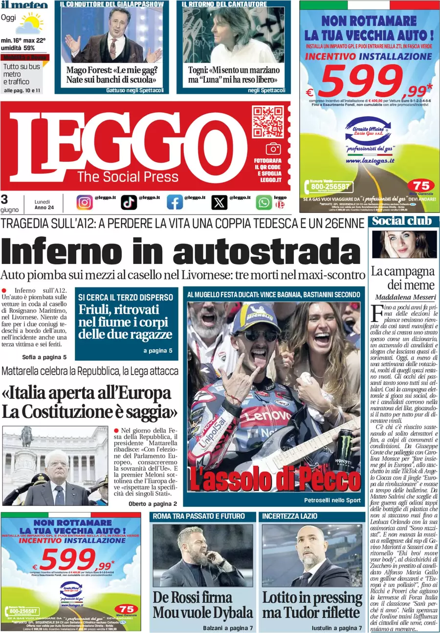 anteprima della prima pagina di leggo-roma del 02/06/2024