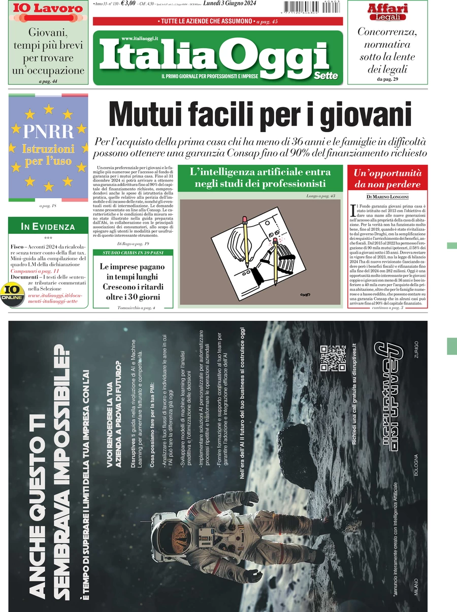 anteprima della prima pagina di italiaoggi del 03/06/2024