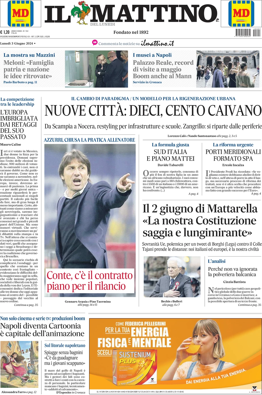 anteprima della prima pagina di il-mattino del 03/06/2024