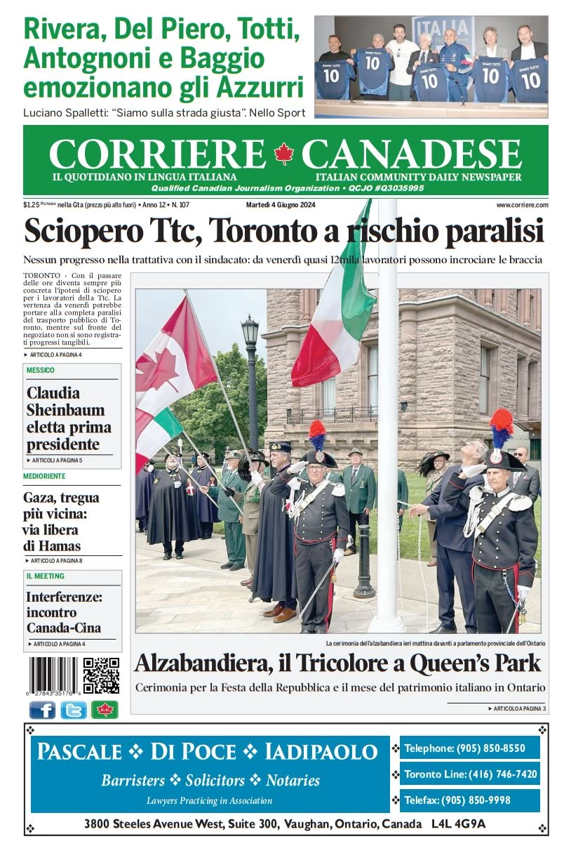 anteprima della prima pagina di corriere-canadese del 04/06/2024
