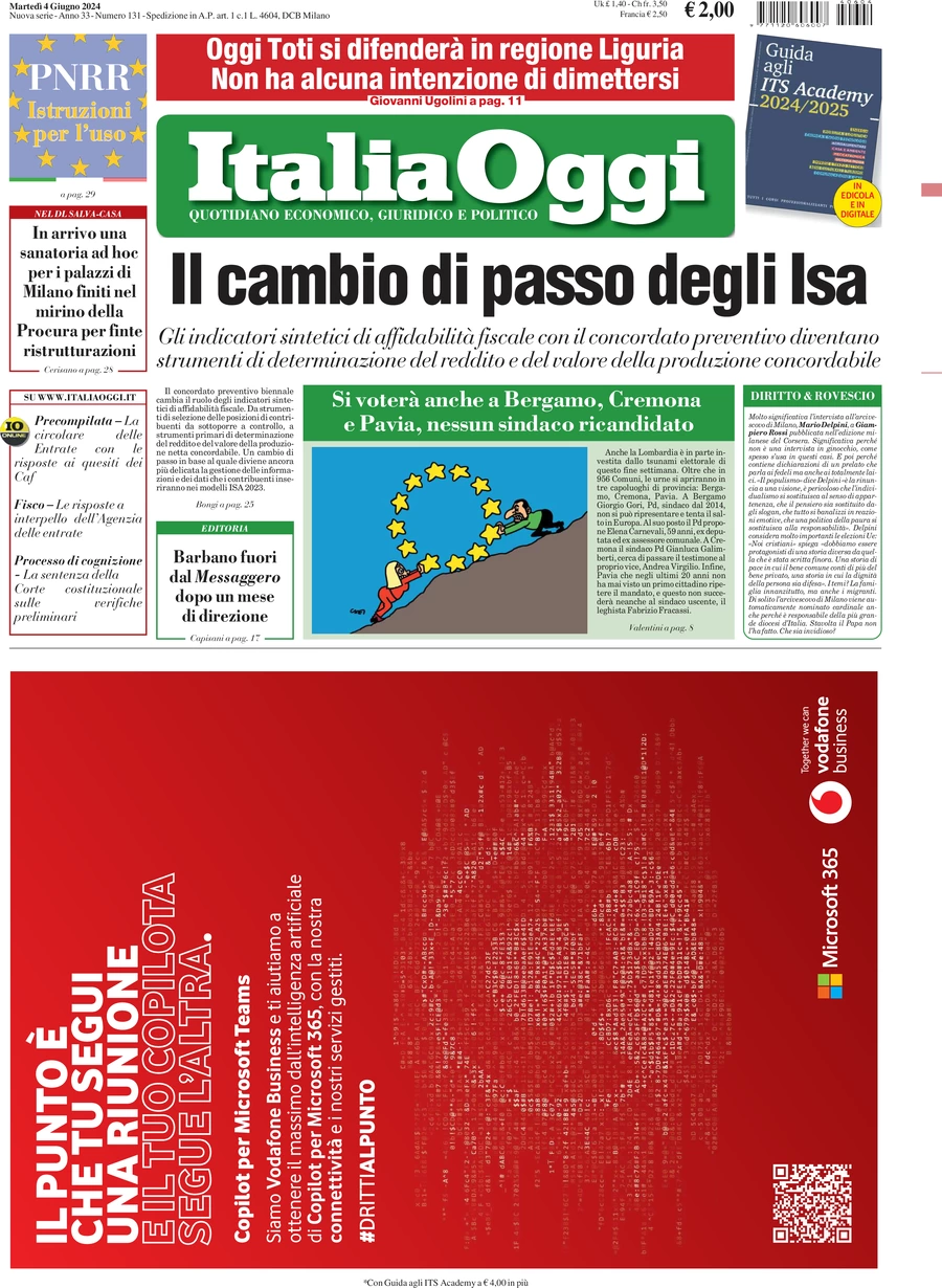 anteprima della prima pagina di italiaoggi del 04/06/2024