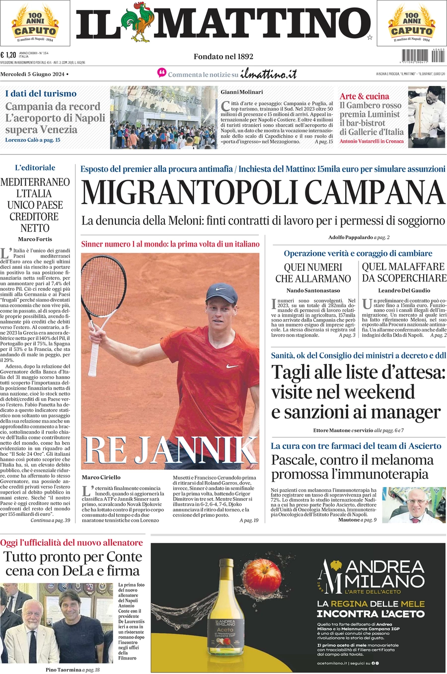 anteprima della prima pagina di il-mattino del 05/06/2024