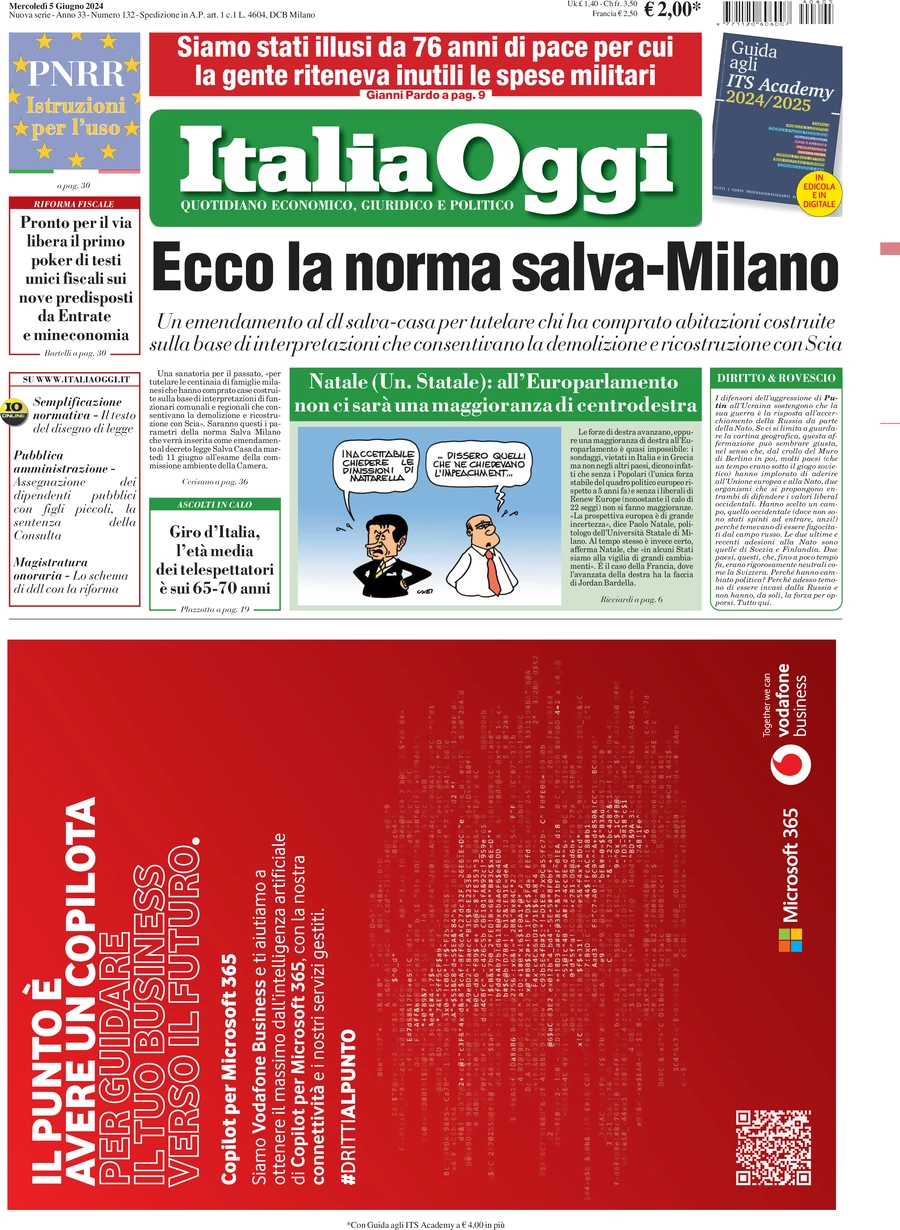 anteprima della prima pagina di italiaoggi del 05/06/2024
