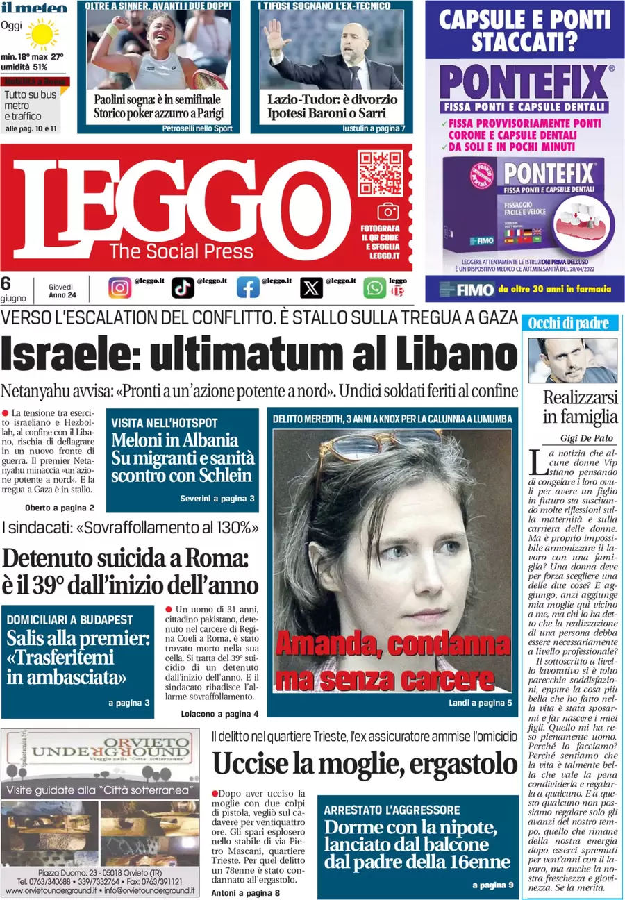 anteprima della prima pagina di leggo-roma del 06/06/2024