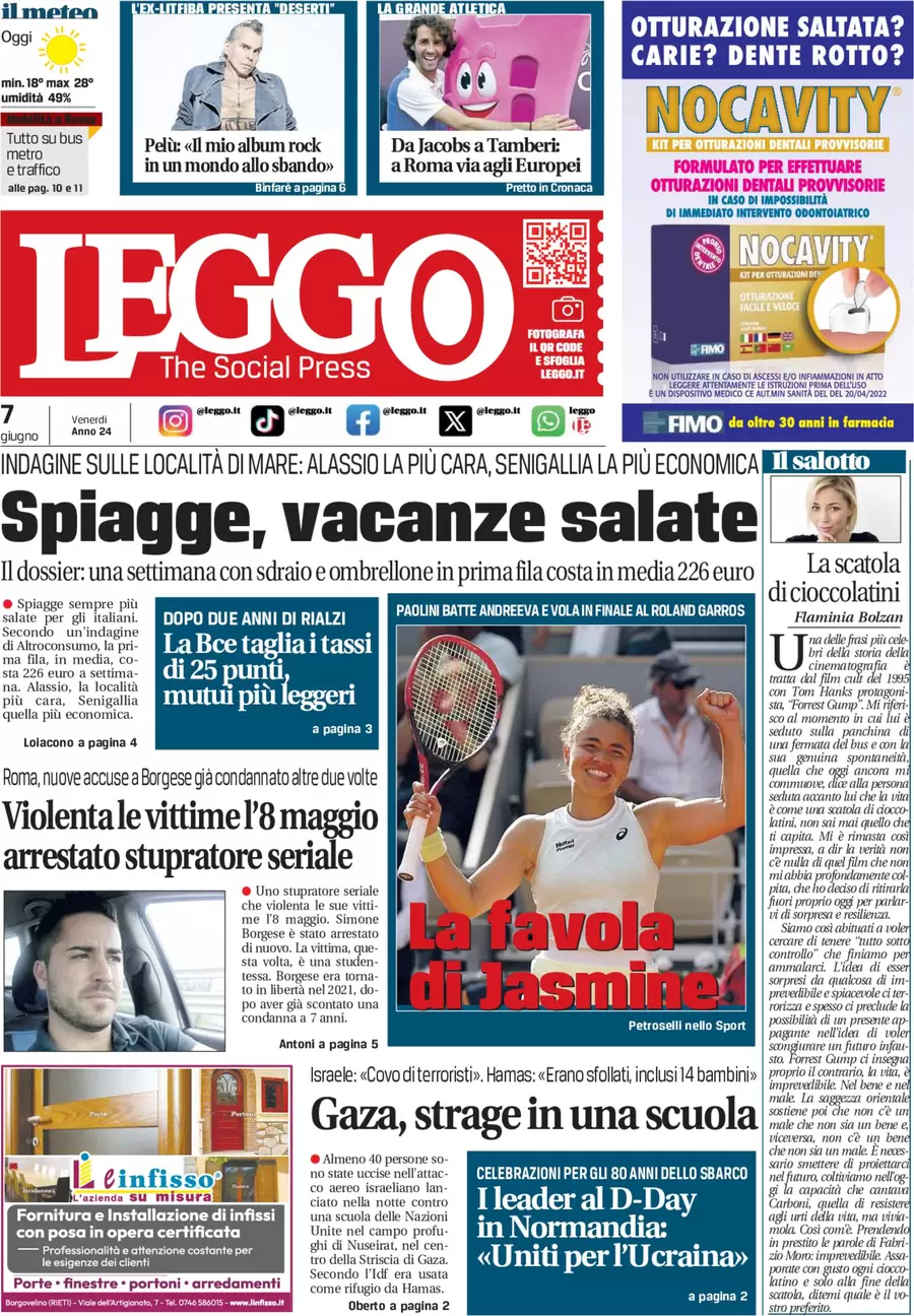 anteprima della prima pagina di leggo-roma del 07/06/2024