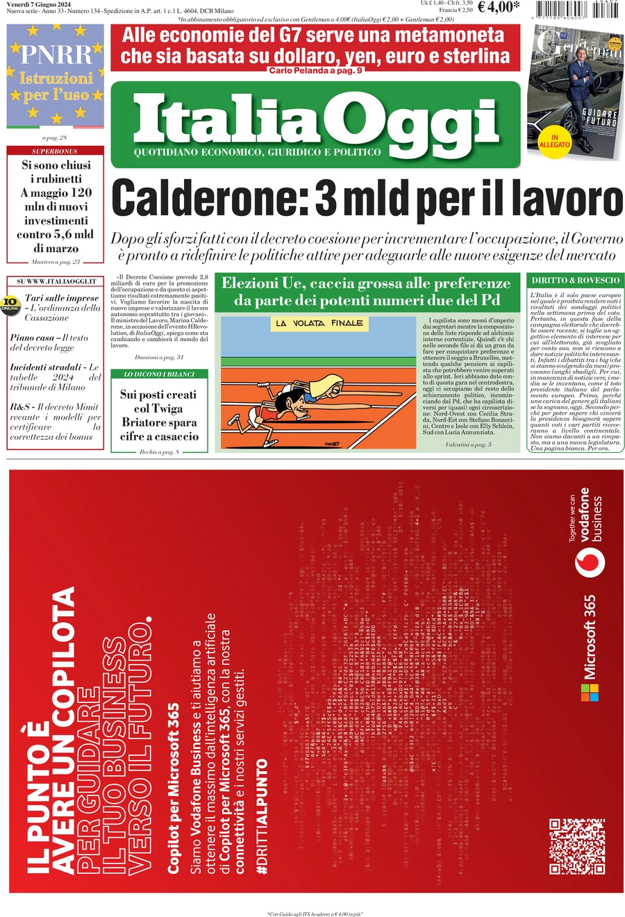 anteprima della prima pagina di italiaoggi del 07/06/2024