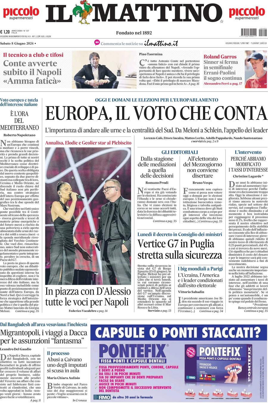 anteprima della prima pagina di il-mattino del 08/06/2024