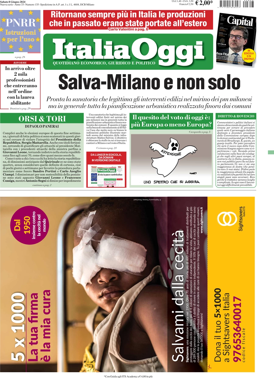 anteprima della prima pagina di italiaoggi del 08/06/2024