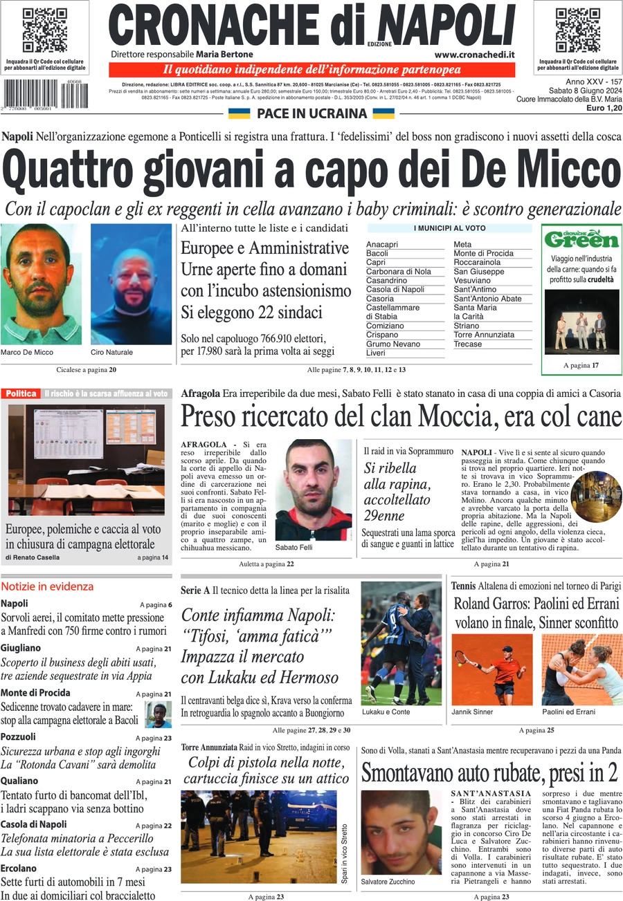 anteprima della prima pagina di cronache-di-napoli del 08/06/2024