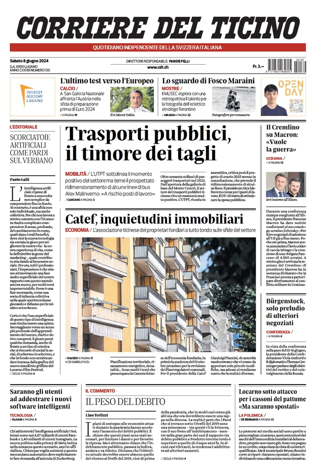 anteprima della prima pagina di corriere-del-ticino del 08/06/2024