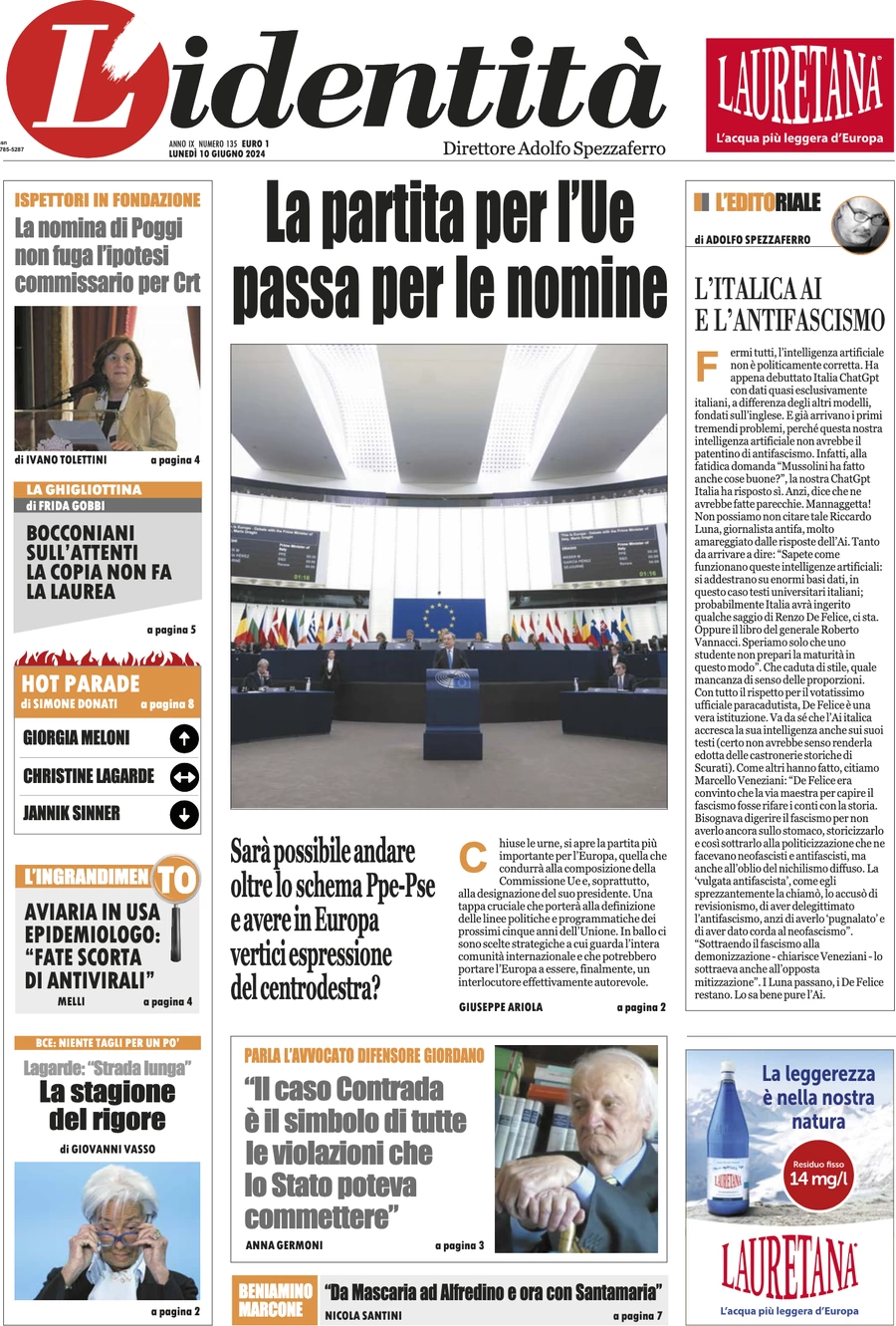 anteprima della prima pagina di lidentit del 09/06/2024