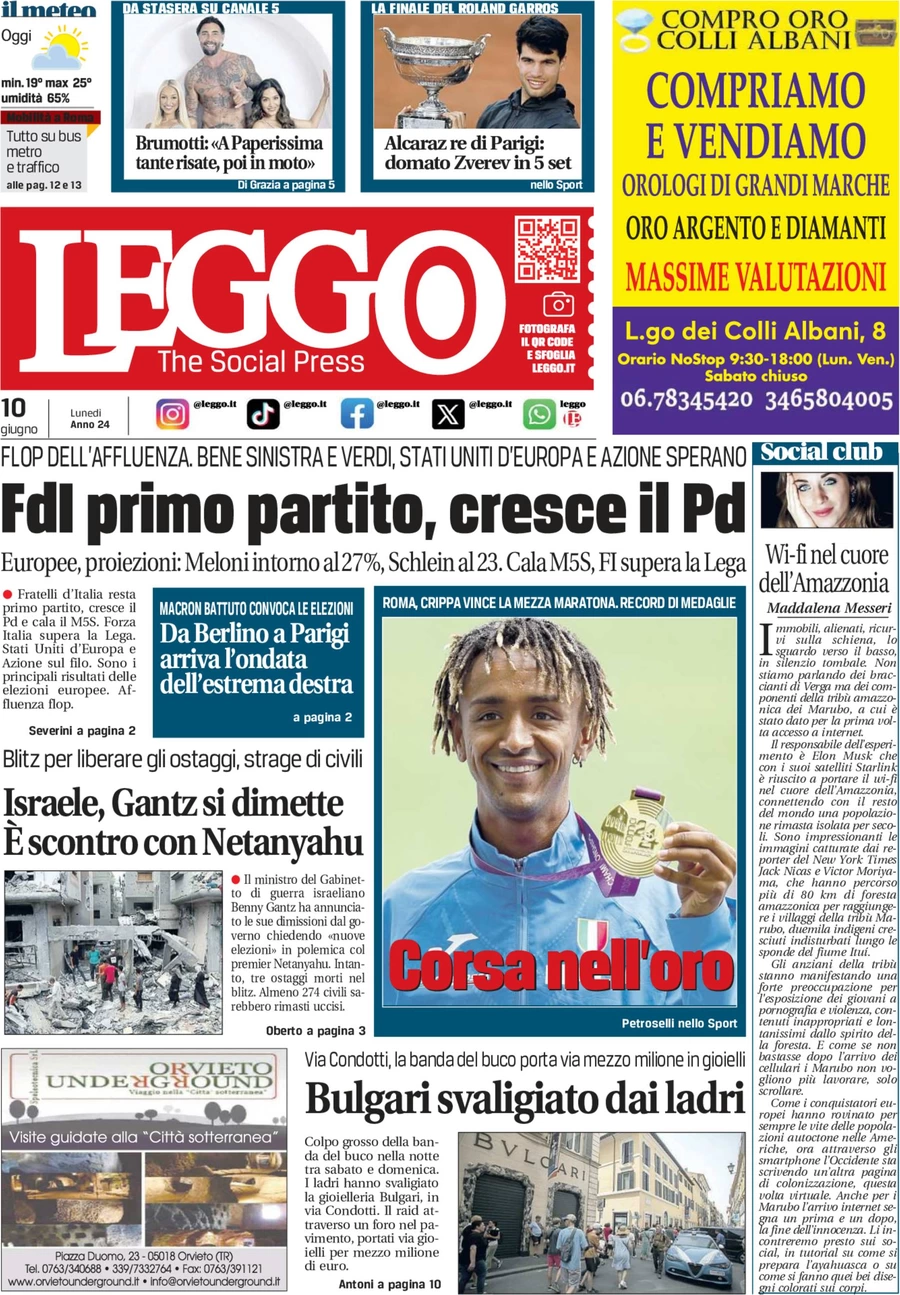 anteprima della prima pagina di leggo-roma del 10/06/2024