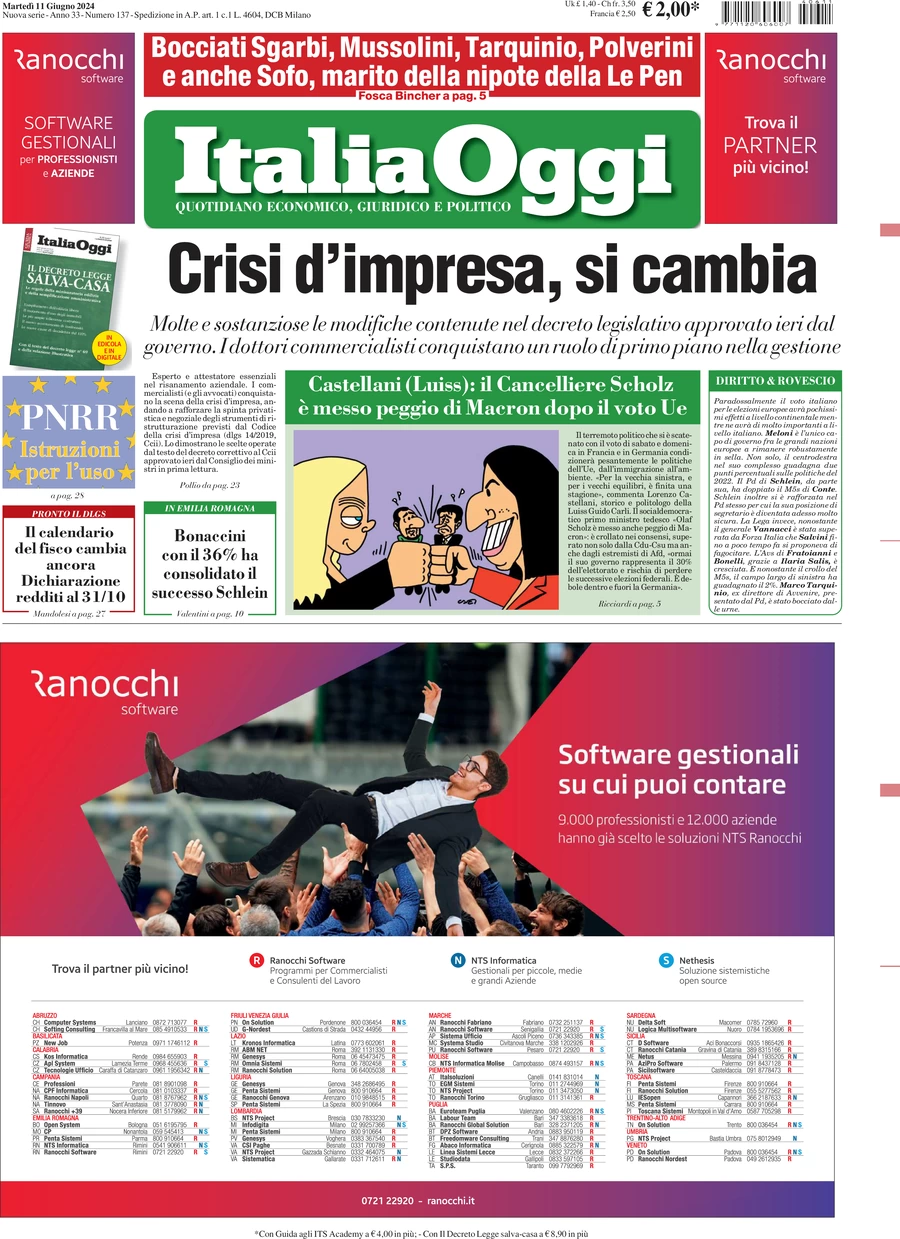 anteprima della prima pagina di italiaoggi del 11/06/2024
