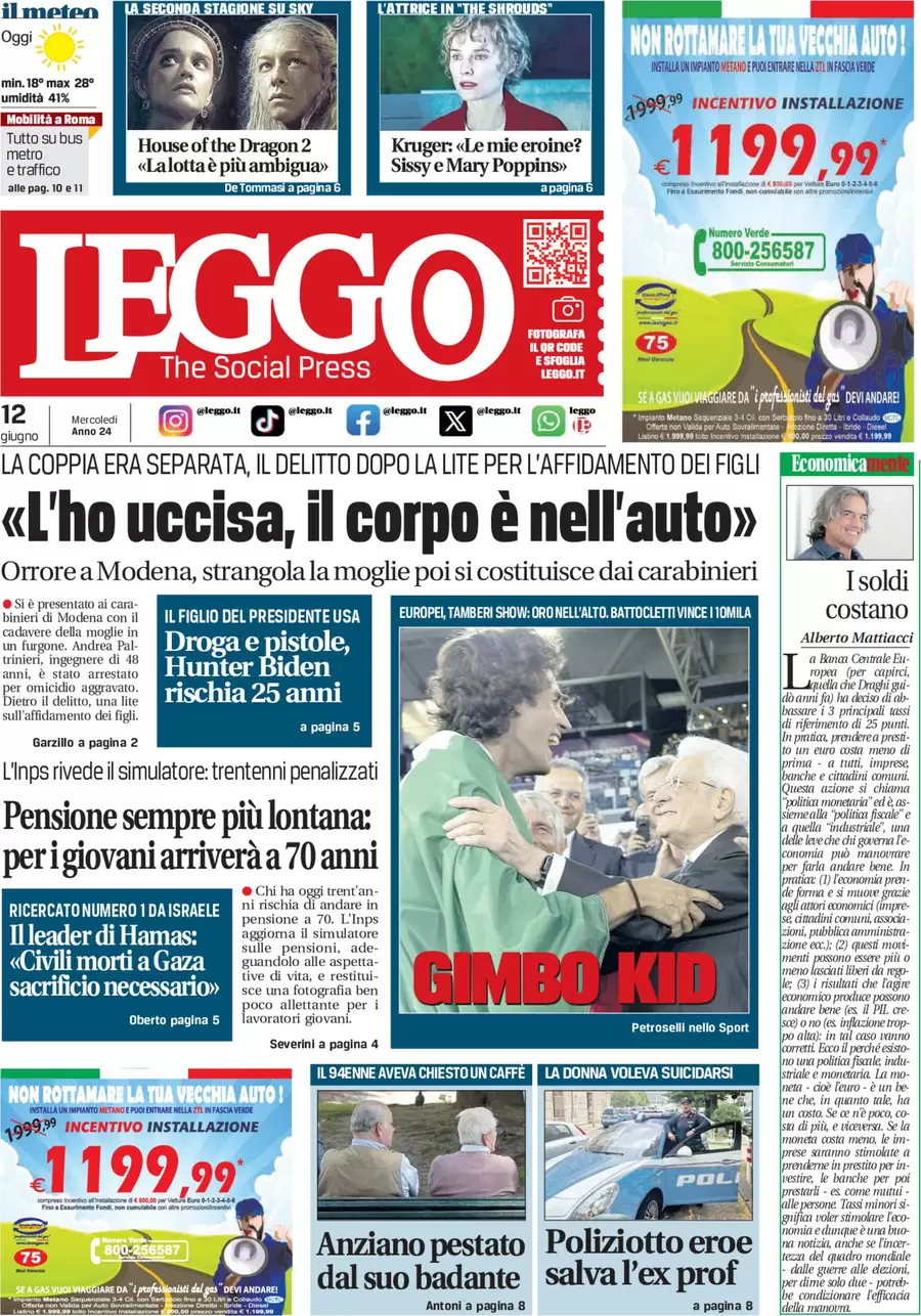 anteprima della prima pagina di leggo-roma del 12/06/2024