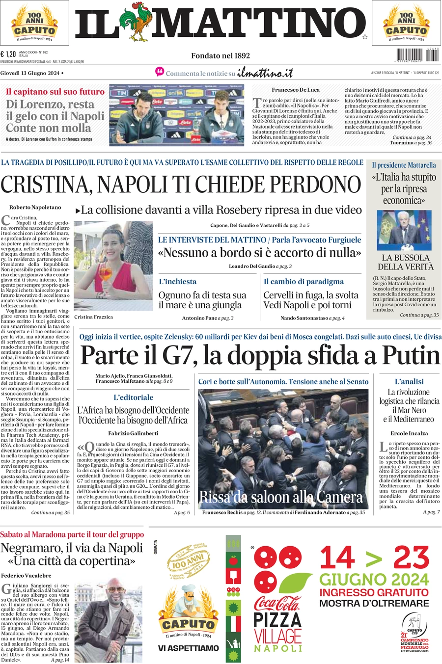 anteprima della prima pagina di il-mattino del 13/06/2024