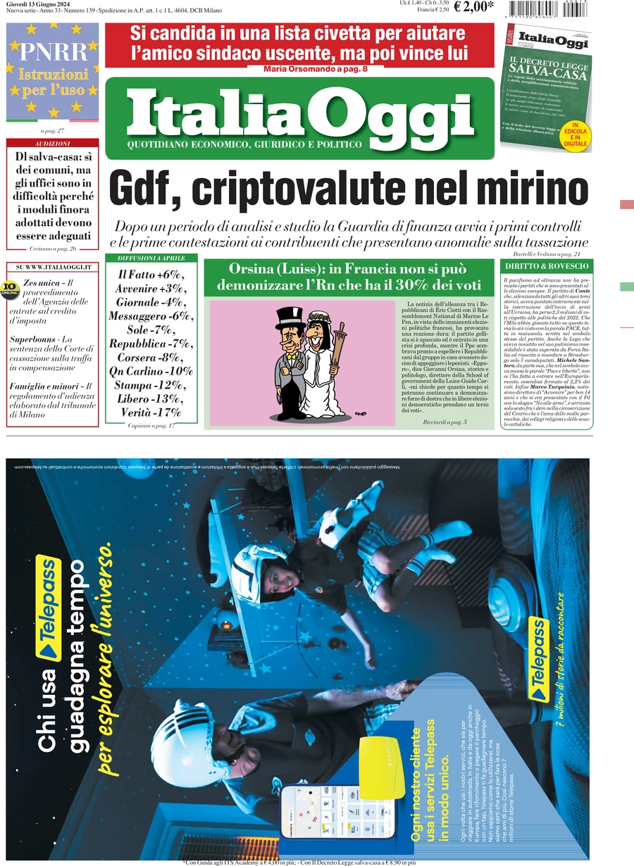 anteprima della prima pagina di italiaoggi del 13/06/2024