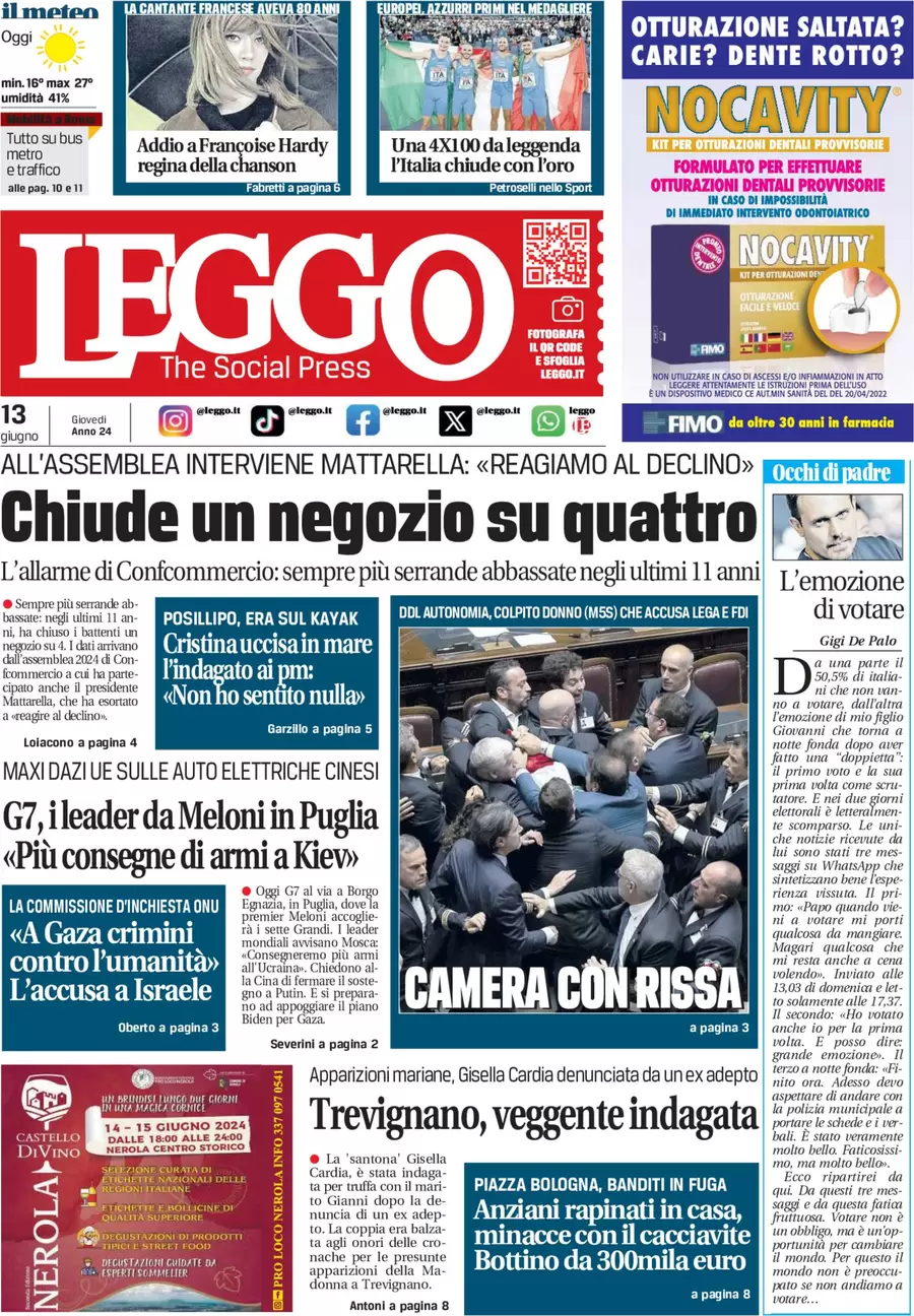 anteprima della prima pagina di leggo-roma del 13/06/2024