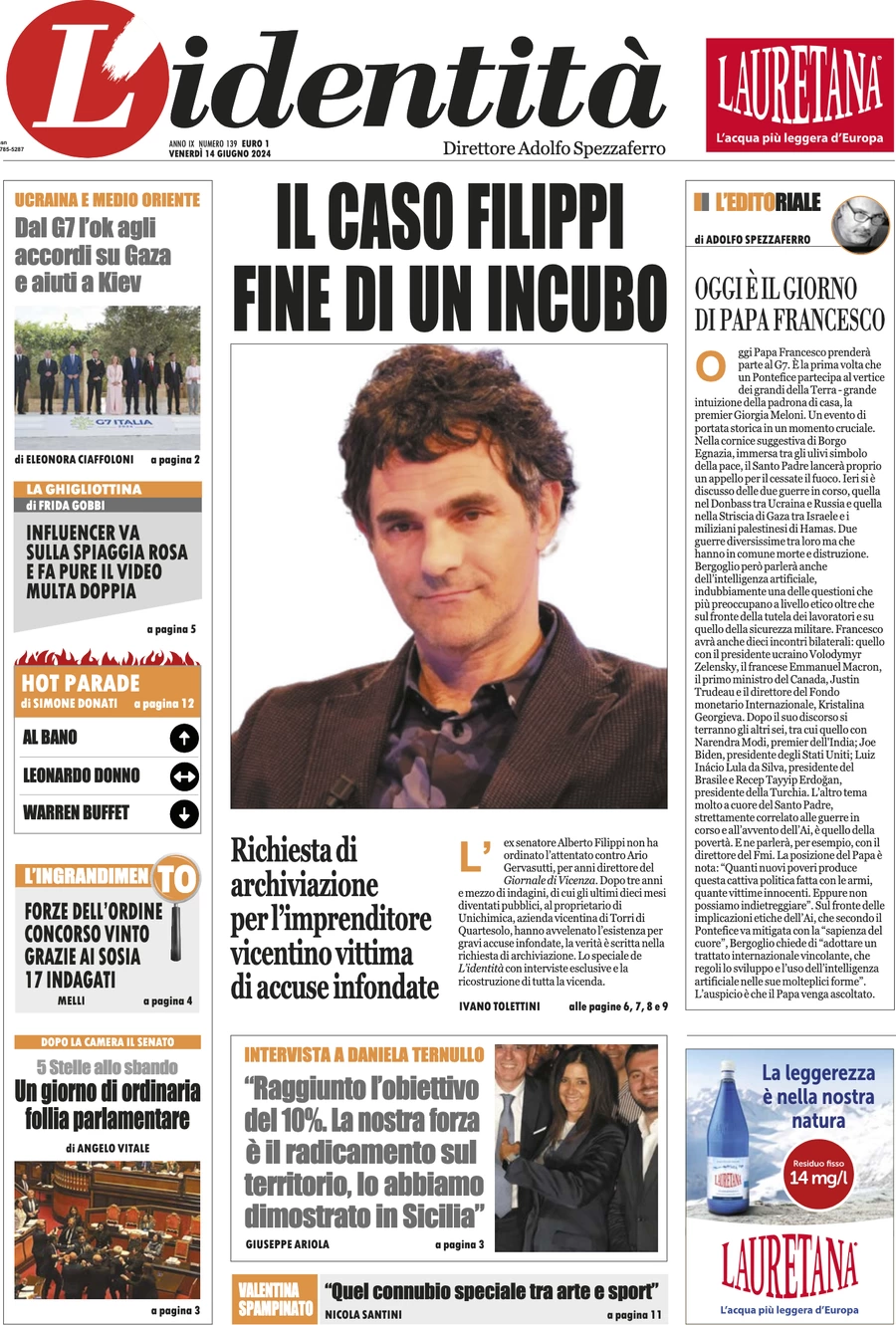 anteprima della prima pagina di lidentit del 13/06/2024
