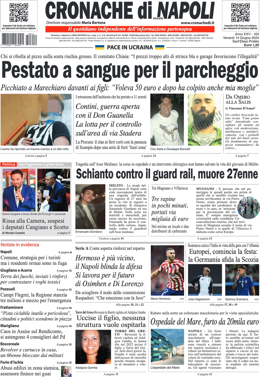 anteprima della prima pagina di cronache-di-napoli del 14/06/2024