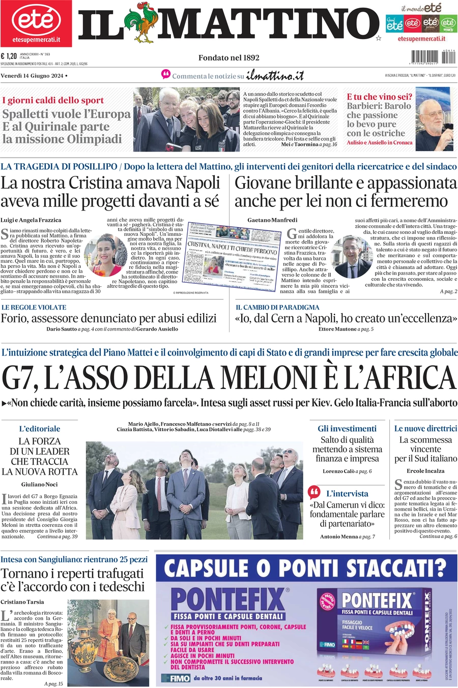 anteprima della prima pagina di il-mattino del 14/06/2024