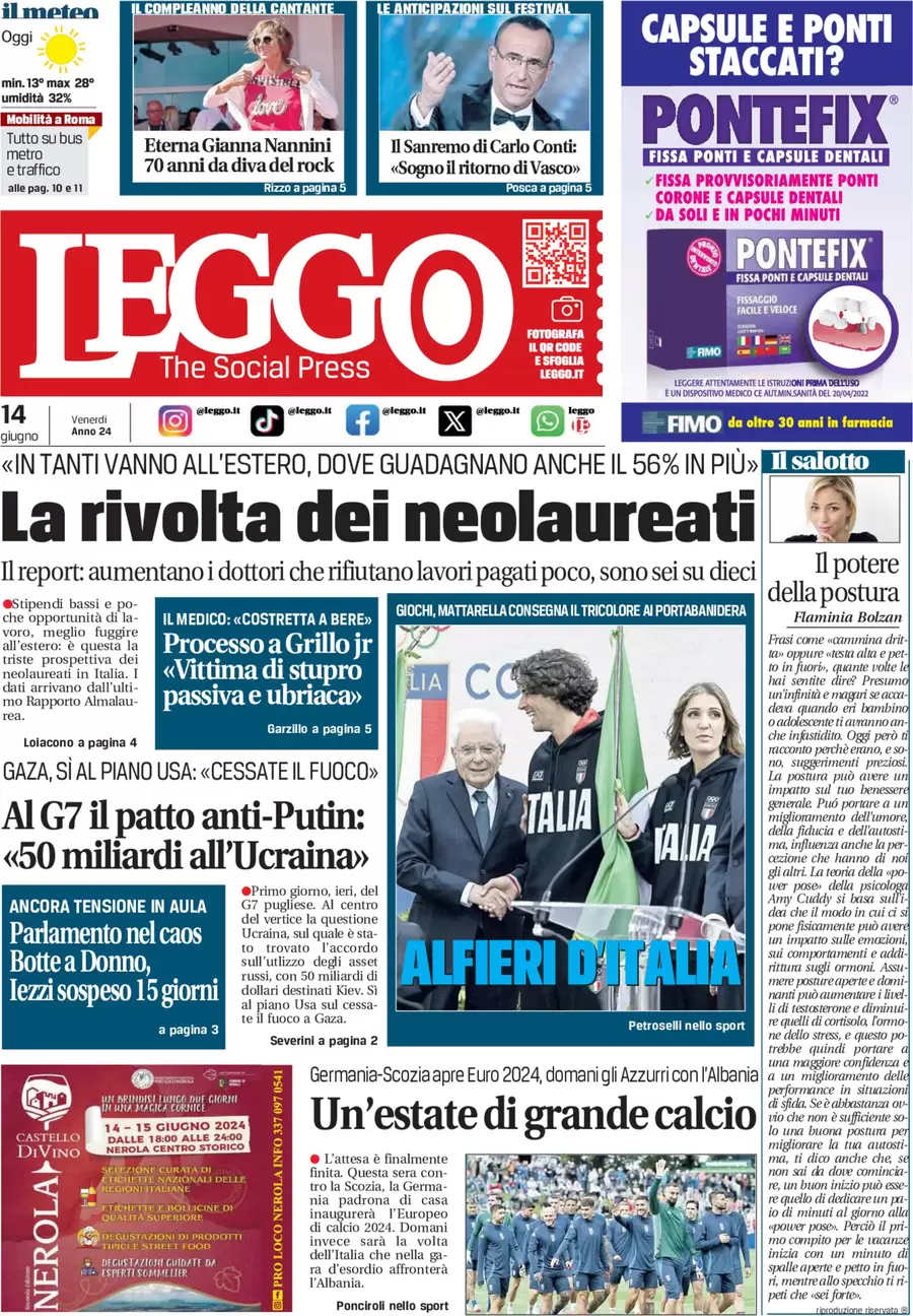 anteprima della prima pagina di leggo-roma del 14/06/2024