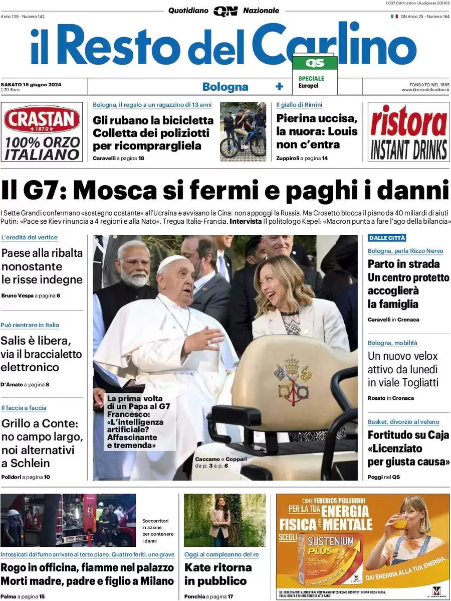 anteprima della prima pagina di il-resto-del-carlino del 15/06/2024