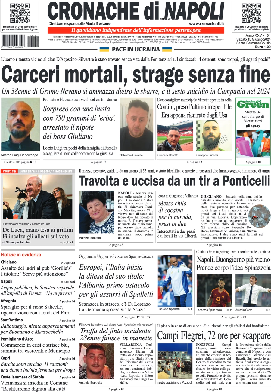 anteprima della prima pagina di cronache-di-napoli del 15/06/2024