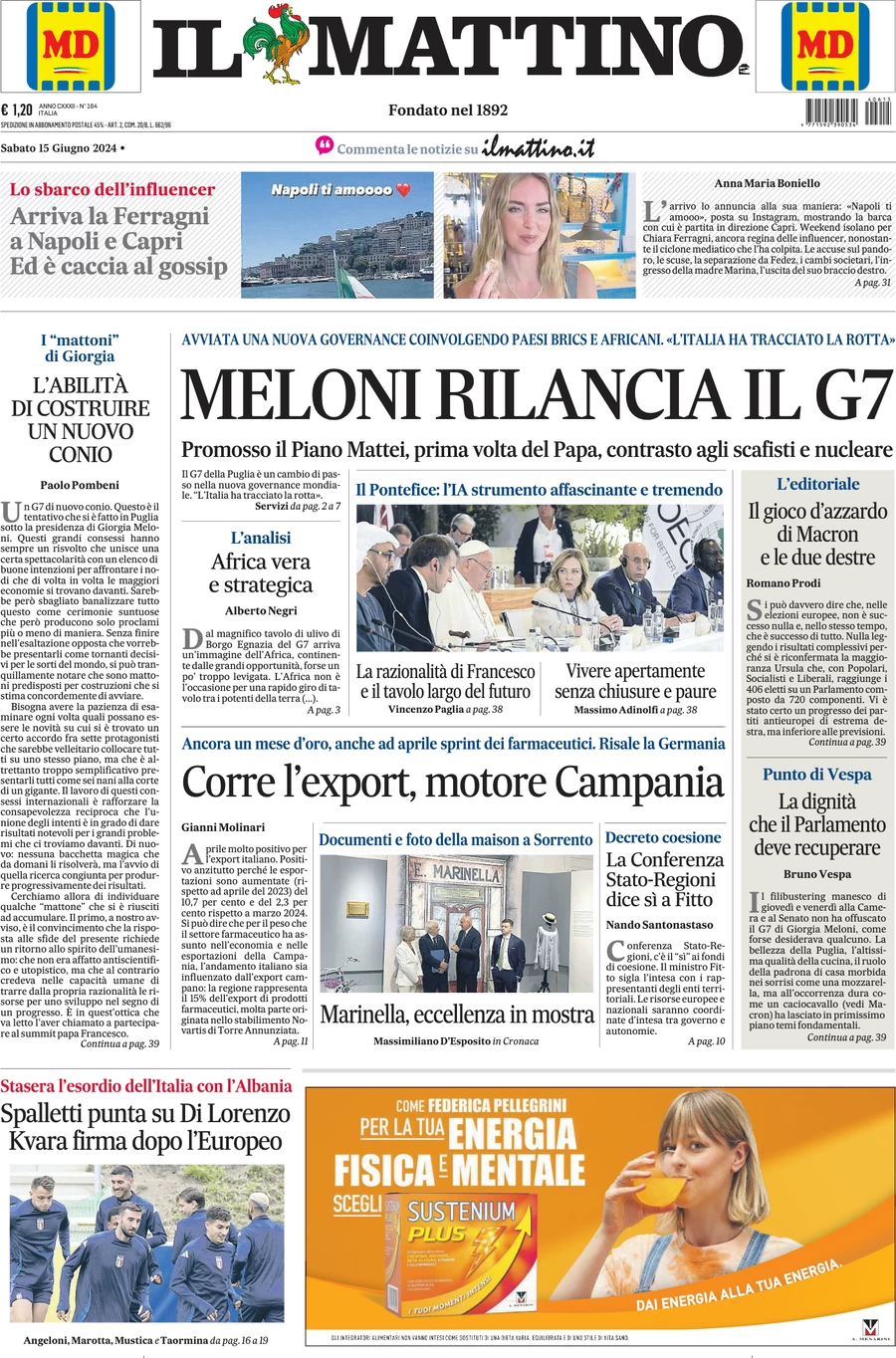 anteprima della prima pagina di il-mattino del 15/06/2024