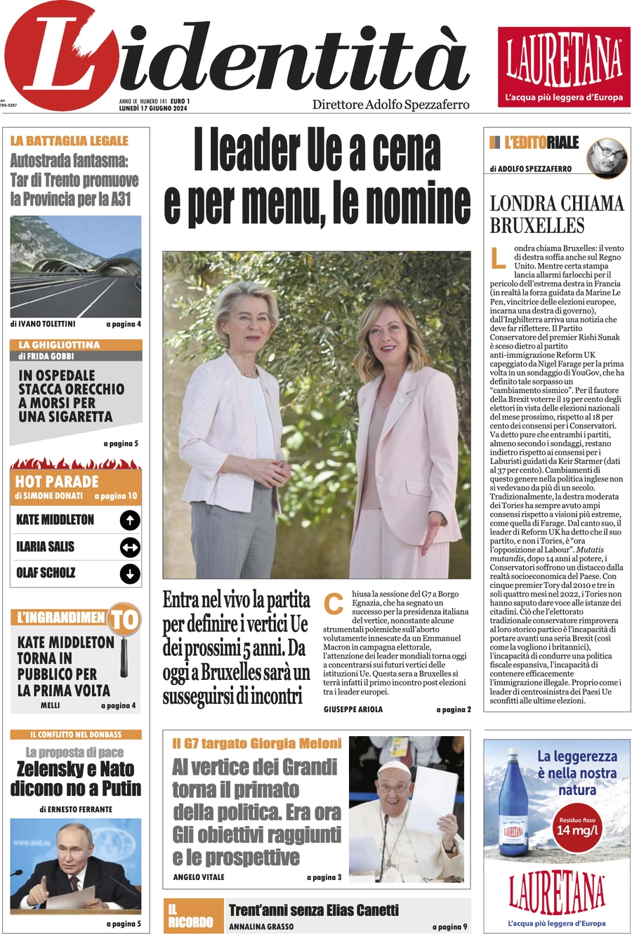 anteprima della prima pagina di lidentit del 16/06/2024