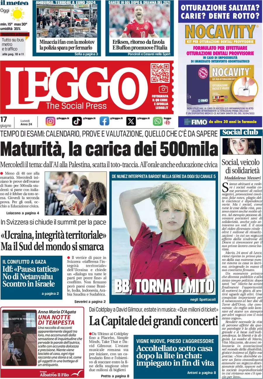 anteprima della prima pagina di leggo-roma del 17/06/2024