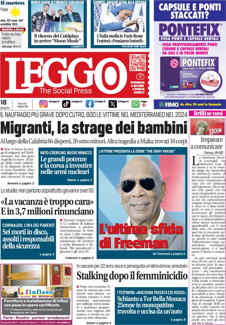 anteprima della prima pagina di leggo-roma del 18/06/2024