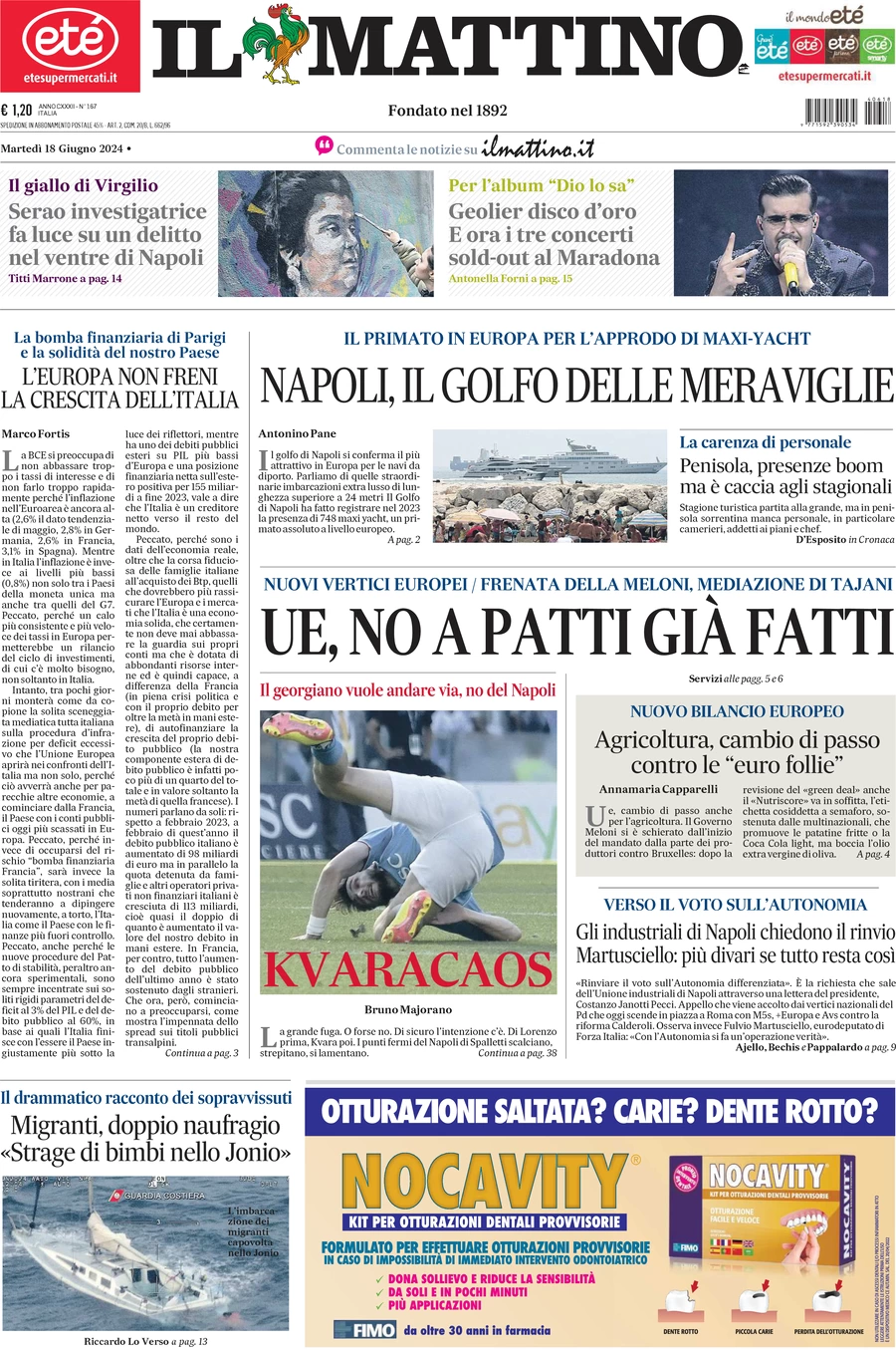 anteprima della prima pagina di il-mattino del 18/06/2024