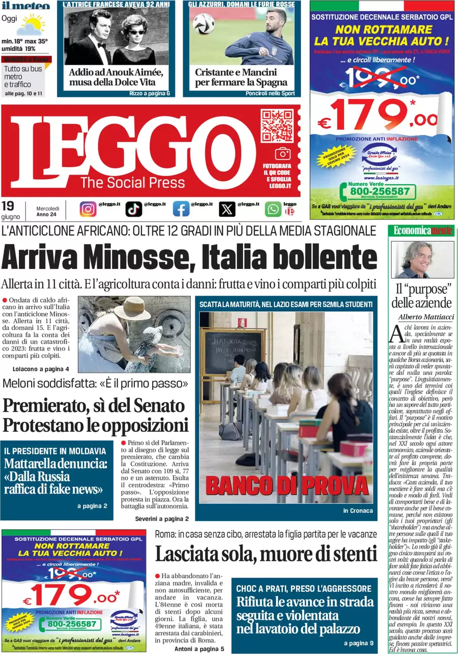 anteprima della prima pagina di leggo-roma del 19/06/2024