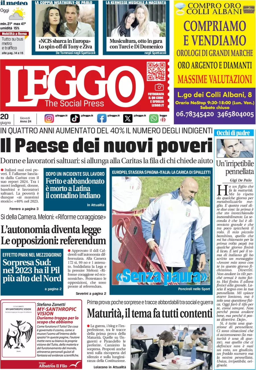 anteprima della prima pagina di leggo-roma del 20/06/2024