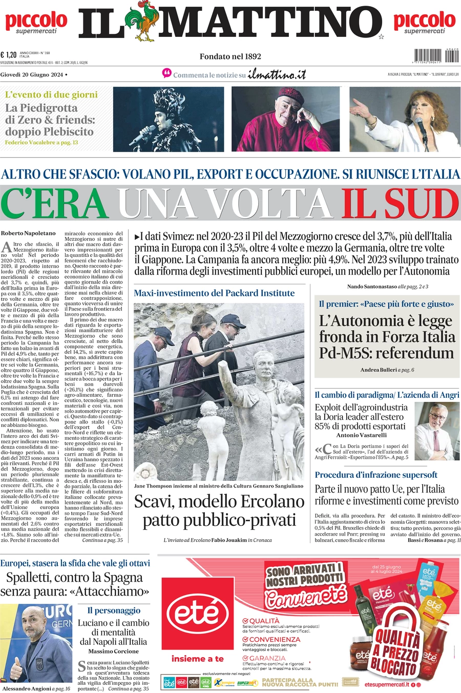 anteprima della prima pagina di il-mattino del 20/06/2024