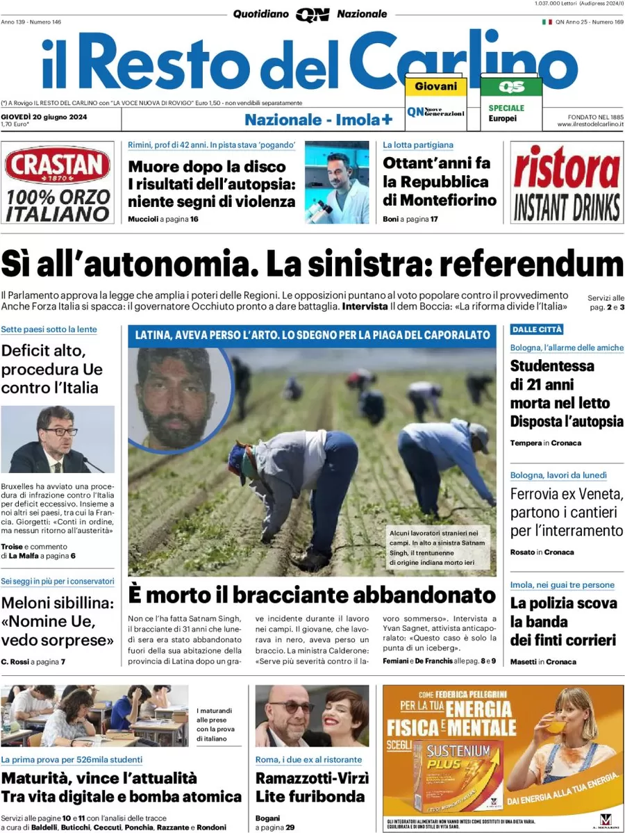 anteprima della prima pagina di il-resto-del-carlino del 20/06/2024